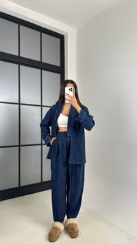 Lacivert Yandan Bağlama Detaylı Cepli Ceket Pantolon İkili Denim Takım GAUS-00446GAUSSuitsGAUS-00446