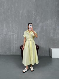 Sarı Kuşaklı Beli Lastikli Poplin Gömlek Elbise Gaus00083GausELBİSEGU1001196