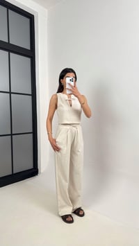 Taş Yaka Bağlama Detaylı Üst Beli Lastikli Cepli Pantolon ZR Muadil Keten Takım Gaus00398GausTAKIMGU1001933