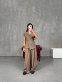 Kely Vizon Astarlı Kuşaklı Yelek Pantolon Keten Takım GausTAKIMGU100779