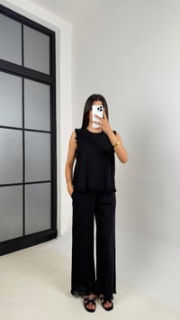 Siyah Püskül Detaylı Bluz Beli Lastikli Cepli Pantolon Keten Takım Gaus00646 GausTAKIMGU1002501