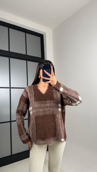 Kahve V Yaka Desenli Triko Kazak GAUS-00782GAUSKAZAKGAUS-00782