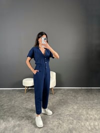 Holi Lacivert Arkası Lastikli Premium Keten TulumGausTULUMGU004563