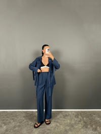 Arley Lacivert Kuşak Bağlamalı Cepli Üst Pantolon Eskitme Tensel Kimono TakımGausTAKIMGU008790