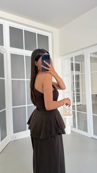Acı Kahve Tek Omuz Bluz Beli Lastikli Şalvar Pantolon İkili Keten Takım GAUS-01776GAUSTAKIMGAUS-01776