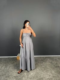 Roderika Gri Müslin Astarlı Uzun Askılı ElbiseGausELBİSEGU008364