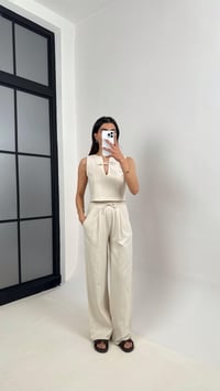 Taş Yaka Bağlama Detaylı Üst Beli Lastikli Cepli Pantolon ZR Muadil Keten Takım Gaus00398GausTAKIMGU1001933