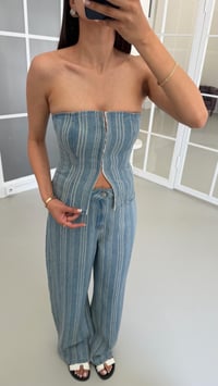 Mavi Bustiyer Palazzo Pantolon Çizgili Denim Takım GAUS-01686GAUSSuitsGAUS-01686