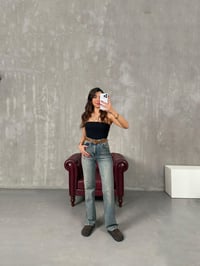 Fedi Mavi Eskitme Kahve Kemerli Yüksek Bel Wide Leg JeanGausDENİM PANTOLONGU100438