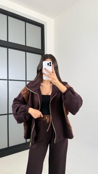 Kahve Paraşüt Kumaş Detaylı Hırka Pantolon İkili Modal Kumaş Takım GAUS-00209GAUSTAKIMGAUS-00209