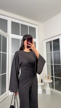 Füme Geniş Kol Bluz Beli Lastikli Pantolon İkili Kaşmir Dokulu Selanik Kumaş Takım GAUS-02293GAUSTAKIMGAUS-02293