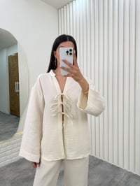 Ekru Önü Bağlamalı Beli Lastikli Müslin Kumaş Takım Gaus00282GausTAKIMGU1001656