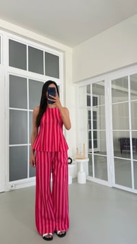Fuşya Bluz Beli Lastikli Pantolon Çizgili Premium Takım GAUS-01740GAUSTAKIMGAUS-01740