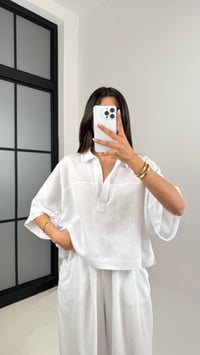 Beyaz Polo Yaka Yarasa Kol Bluz Şalvar Pantolon Md Muadil Premium Keten Takım Gaus00542GausTAKIMGU1002263