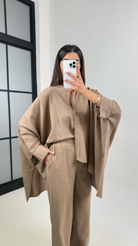 Kahve Önü Düğmeli Yarasa Kol Gömlek Beli Lastikli Cepli Pantolon Keten Takım Gaus00408GausTAKIMGU1001953