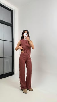 Kiremit Düğmeli Tasarım Yelek Pantolon Keten Takım Gaus00339GausTAKIMGU1001787