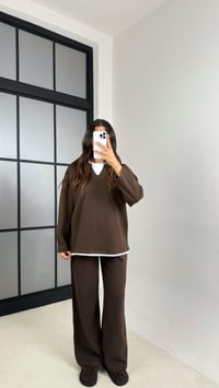 Kahve Tshirt Detaylı Kazak Beli Lastikli Pantolon İkili Triko Takım GAUS-00485GAUSTAKIMGAUS-00485