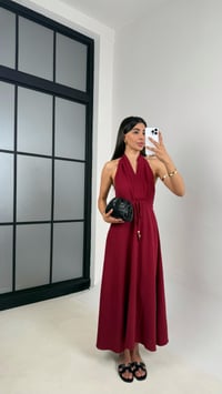 Bordo V Yaka Kuşaklı Boyundan Askılı Keten Elbise Gaus00541GausELBİSEGU1002260