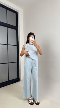 Açık Mavi Püskül Detaylı Bluz Beli Lastikli Cepli Pantolon Keten Takım Gaus00646 GausTAKIMGU1002500