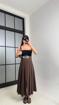Acı Kahve Deri Kemerli Yırtmaçlı Tencel Etek GAUS-01088GAUSSkirtGAUS-01088