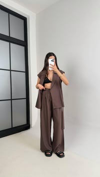 Acı Kahve Cepli Kuşaklı Yelek Beli Lastikli Pantolon Tensel Takım Gaus00433GausTAKIMGU1002004