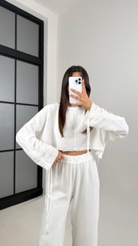 Beyaz Kol Büzgülü Crop Beli Lastikli Pantolon Tasarım Müslin Takım Gaus00581GausTAKIMGU1002353