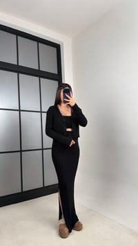 Siyah Hırka Crop Beli Lastikli Yırtmaç Detaylı Etek Triko Takım GAUS-00969GAUSTAKIMGAUS-00969