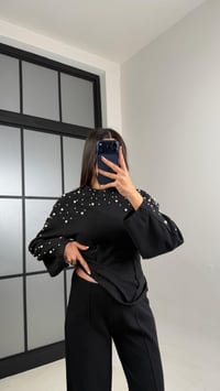 Siyah İnci İşleme Detaylı Kazak Pantolon Selanik Triko Takım GAUS-01069GAUSTAKIMGAUS-01069