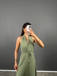 Aren Haki Boyundan Geçirmeli Uzun Keten Elbise GausELBİSEGU008787
