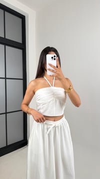 Beyaz Boyundan Bağlamalı Beli Lastikli Crop Kuşaklı Cepli Pantolon Çilek Kumaş Takım Gaus00659GausTAKIMGU1002525