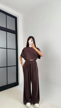 Kahve Crop Beli Lastikli Palazzo Eşofman İkili Modal Kumaş Takım GAUS-01219GAUSTAKIMGAUS-01219
