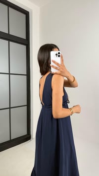 Lacivert V Yaka Beli Ayarlanabilir Lastikli Astarlı Müslin Elbise Gaus00680 GausELBİSEGU1002569