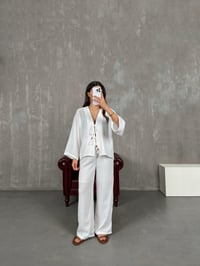 Beyaz Önden Bağlamalı Keten Kimono Takım Gaus00101GausTAKIMGU1001221