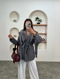 Zena Gri Çizgili Astarlı Bağlamalı Premium CeketGausCEKETGU00903554