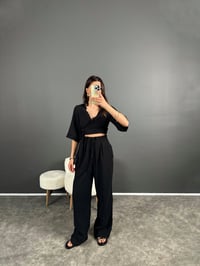 Siyah Müslin Kumaş Bağlama Detaylı Pantolon TakımGausTAKIMGU007936