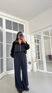 Lacivert İPKYL Deri Yakalı Astarlı Denim Detaylı Ceket Beli Lastikli Pantolon İkili Tencel Takım GAUS-01842GAUSSuitsGAUS-01842