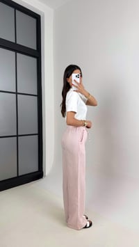 Pembe Beyaz Şeritli Beli Lastikli Keten Pantolon Gaus00479GausEŞOFMANGU1002118