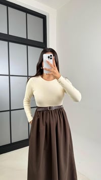 Kahve Uzun Kol Beli Lastikli Kemerli Elbise GAUS-01214GAUSDressesGAUS-01214
