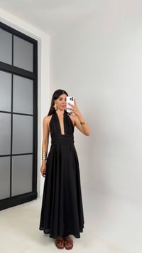 Siyah Boyundan Bağlamalı Astarlı Keten Elbise Gaus00627GausELBİSEGU1002466
