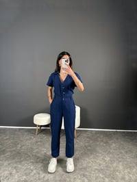 Holi Lacivert Arkası Lastikli Premium Keten TulumGausTULUMGU004563