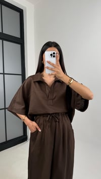 Acı Kahve Polo Yaka Yarasa Kol Bluz Şalvar Pantolon Md Muadil Premium Keten Takım Gaus00542GausSuitsGU1002264