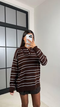 Acı Kahve Polo Yaka Mavi Çizgili Triko Kazak GAUS-00601GAUSKAZAKGAUS-00601