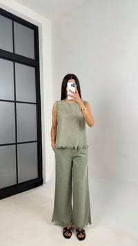 Yeşil Püskül Detaylı Bluz Beli Lastikli Cepli Pantolon Keten Takım Gaus00646 GausTAKIMGU1002502