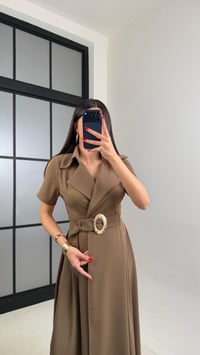 Haki Gold Toka Kuşaklı Krep Kumaş Uzun Elbise GAUS-00974GAUSDressesGAUS-00974