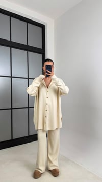 Ekru Polo Yaka Düğmeli Hırka Beli Lastikli Pantolon Triko Takım GAUS-00712GAUSTAKIMGAUS-00712