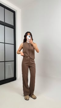Kahve Düğmeli Tasarım Yelek Pantolon Keten Takım Gaus00339GausTAKIMGU1001789