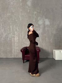 Ladin Kahve Madonna Yaka Fitilli Yumuşak Triko ElbiseGausELBİSEGU10033