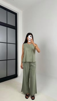 Yeşil Püskül Detaylı Bluz Beli Lastikli Cepli Pantolon Keten Takım Gaus00646 GausTAKIMGU1002502