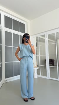Mavi Vatkalı Bluz Beli Lastikli Pantolon İkili Tencel Denim Takım GAUS-01730GAUSTAKIMGAUS-01730