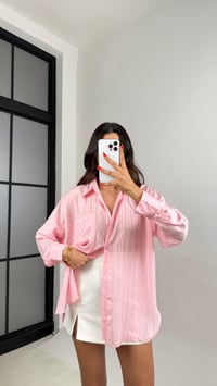 Pembe Şerit Desenli Kırışık Tencel Gömlek GAUS-0032GAUSGÖMLEKGAUS-0032